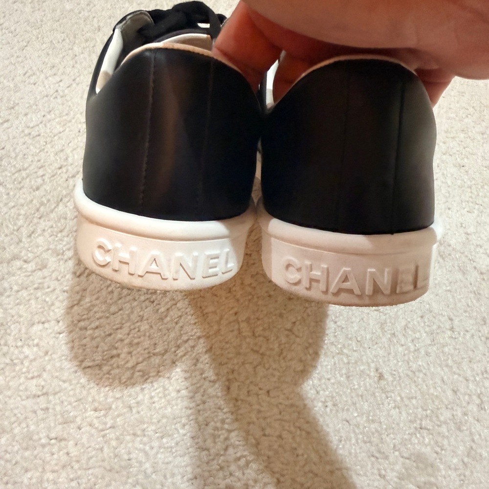 CHANEL Black Leather Low-Top Sneakers with White Sole Accent - Picture 10 of 14